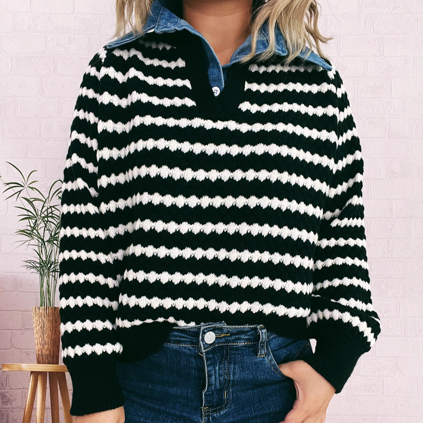Striped Fake Two-Piece Pullover
