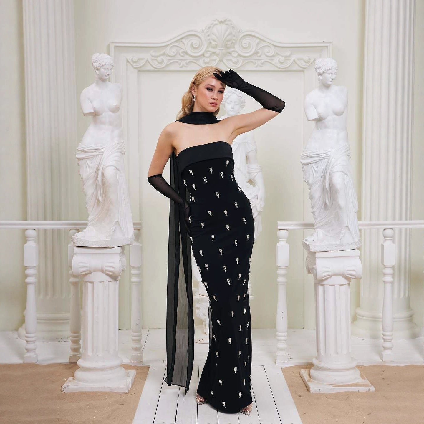 High Waist Rhinestone Dress