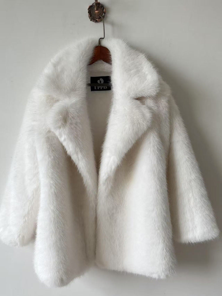 Notched Faux Fur Coat