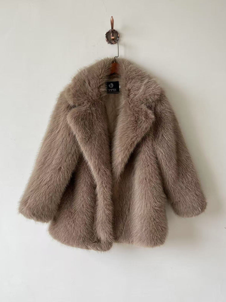 Notched Faux Fur Coat