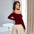 Halter Neck Wine Red Long-sleeved Top
