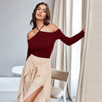 Halter Neck Wine Red Long-sleeved Top