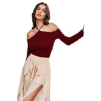 Halter Neck Wine Red Long-sleeved Top