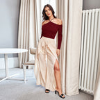 Halter Neck Wine Red Long-sleeved Top