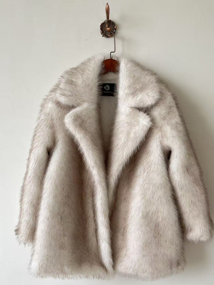 Notched Faux Fur Coat