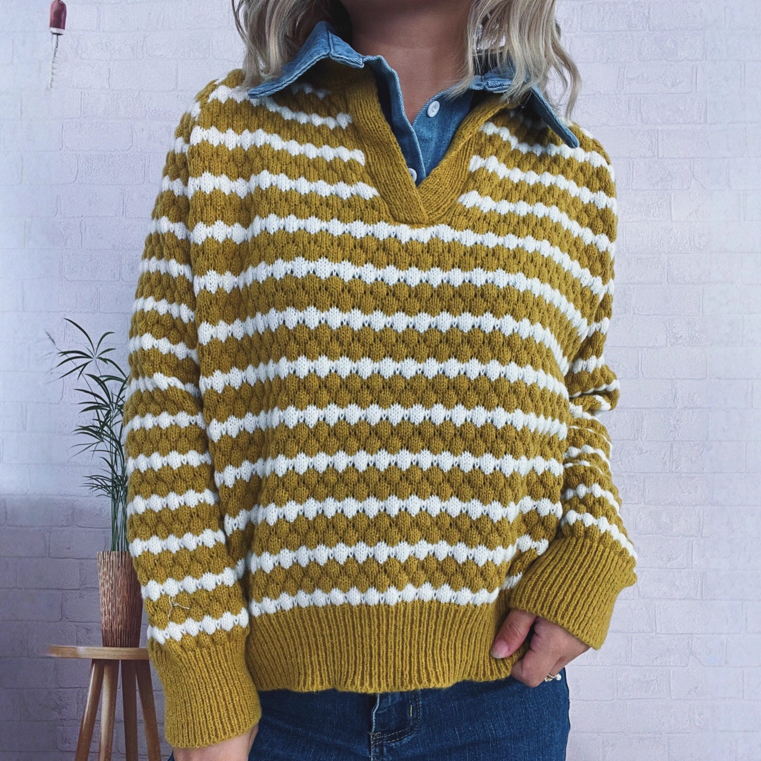 Striped Fake Two-Piece Pullover