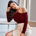 Halter Neck Wine Red Long-sleeved Top